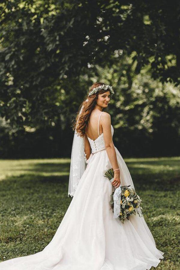 NumberSea Tulle Lace A-line Spaghetti Straps Sweetheart Wedding Dresses With Train, MW652