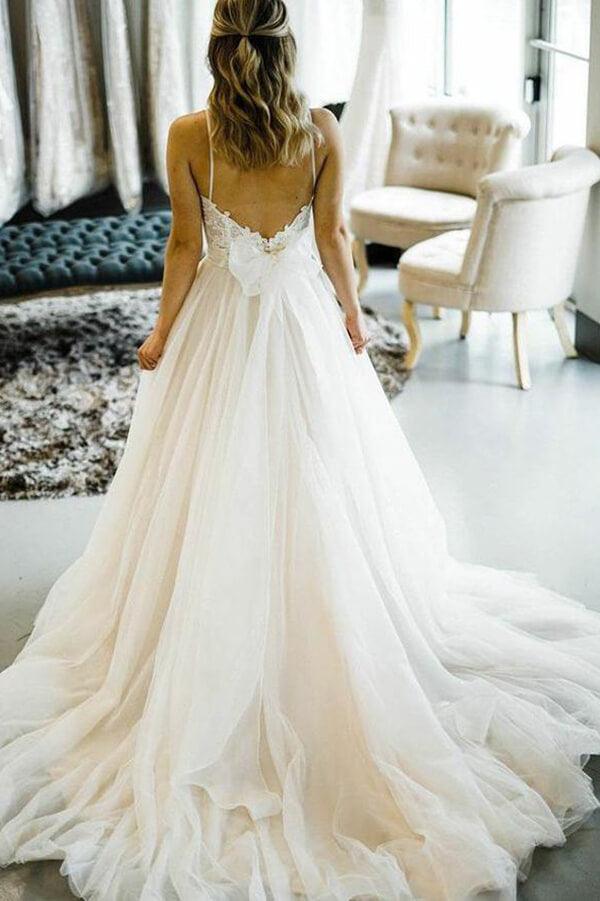 NumberSea Tulle Lace A-line Spaghetti Straps Wedding Dresses With Court Train, MW653