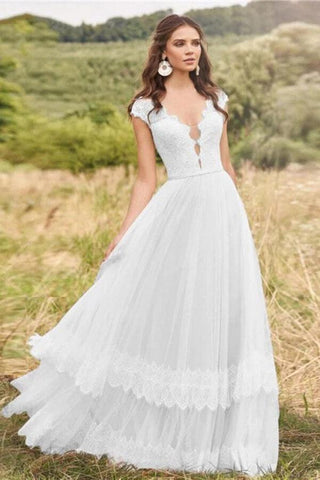 NumberSea Tüllspitze A-Linie V-Ausschnitt Flügelärmel Rustikales Brautkleid, Brautkleid, MW751