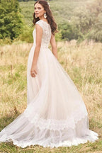 NumberSea Tulle Lace A-line V-neck Cap Sleeves Rustic Wedding Dresses, Bridal Gown, MW751