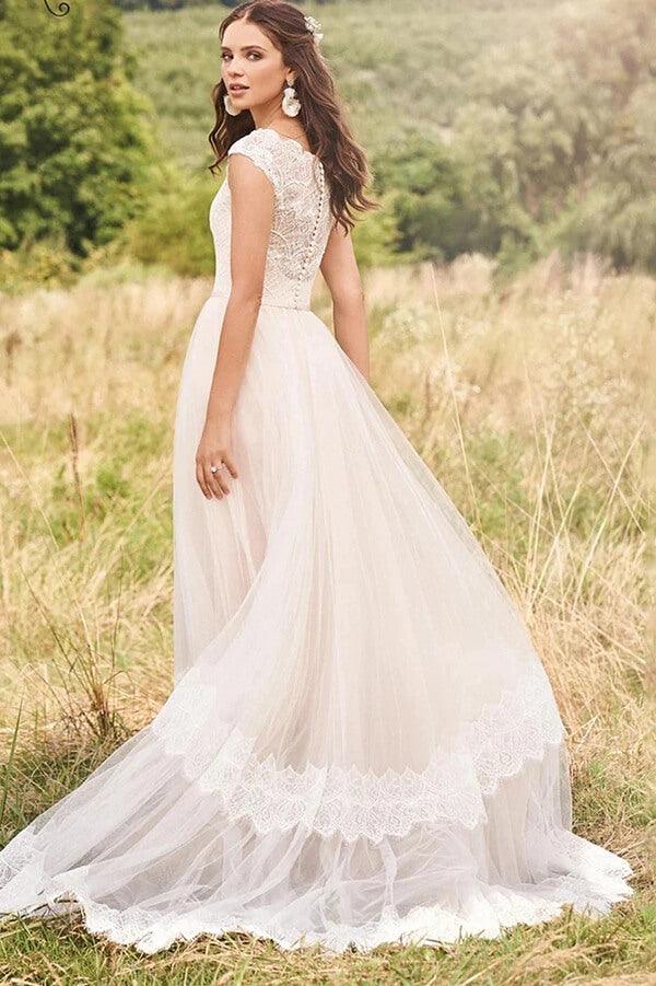 NumberSea Tulle Lace A-line V-neck Cap Sleeves Rustic Wedding Dresses, Bridal Gown, MW751