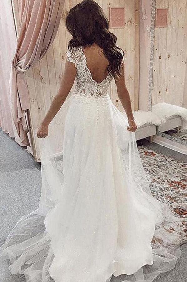 NumberSea Tulle Lace A-line V-neck Cap Sleeves Wedding Dresses, Bridal Gown, MW637