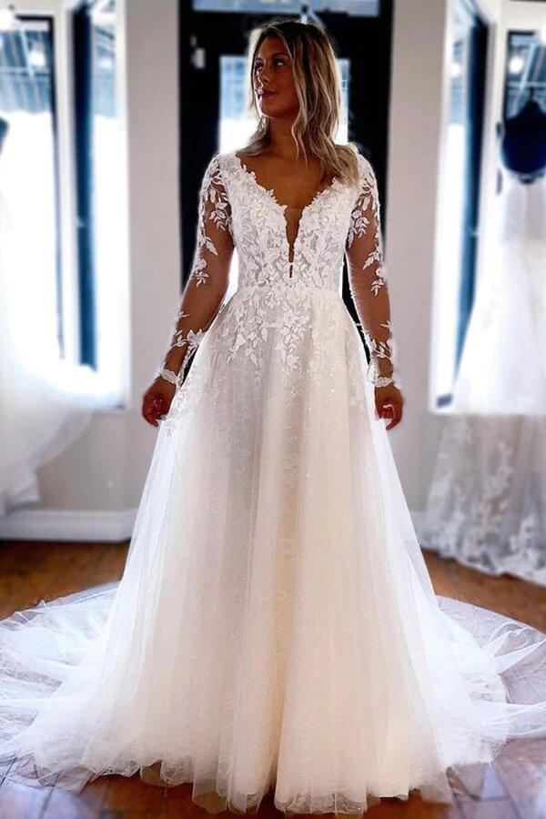 sss NumberSea Tulle Lace A-line V-neck Long Sleeves Wedding Dresses, Wedding Gown, MW717