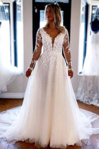 sss NumberSea Tulle Lace A-line V-neck Long Sleeves Wedding Dresses, Wedding Gown, MW717