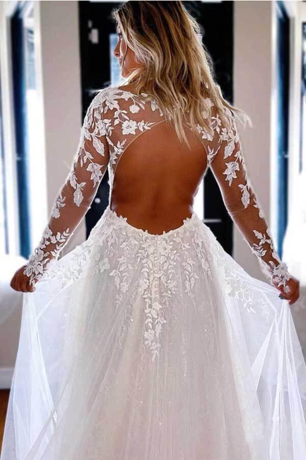 sss NumberSea Tulle Lace A-line V-neck Long Sleeves Wedding Dresses, Wedding Gown, MW717