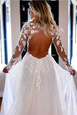 sss NumberSea Tüll Spitze A-Linie V-Ausschnitt Lange Ärmel Brautkleider, Brautkleid, MW717