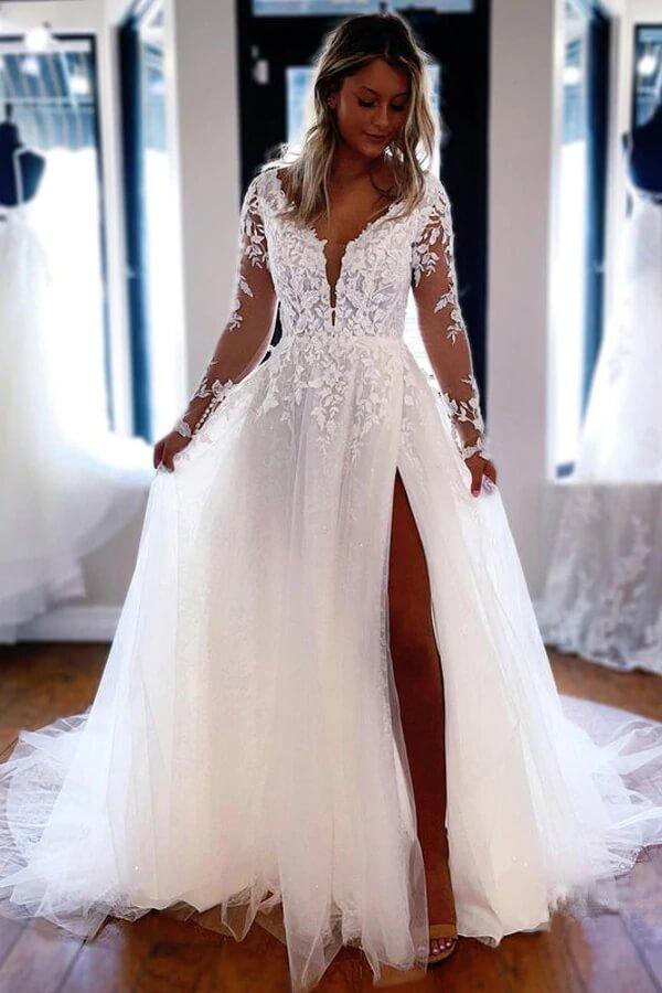 sss NumberSea Tulle Lace A-line V-neck Long Sleeves Wedding Dresses, Wedding Gown, MW717