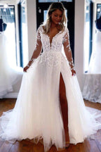 sss NumberSea Tulle Lace A-line V-neck Long Sleeves Wedding Dresses, Wedding Gown, MW717