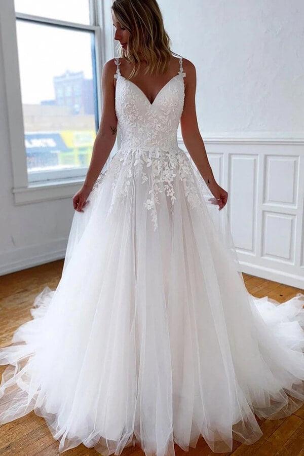 NumberSea Tulle Lace A-line V-neck Spaghetti Straps Open Back Wedding Dresses, MW656