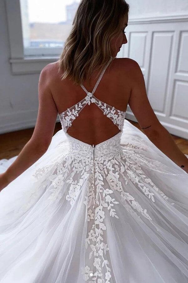 NumberSea Tulle Lace A-line V-neck Spaghetti Straps Open Back Wedding Dresses, MW656