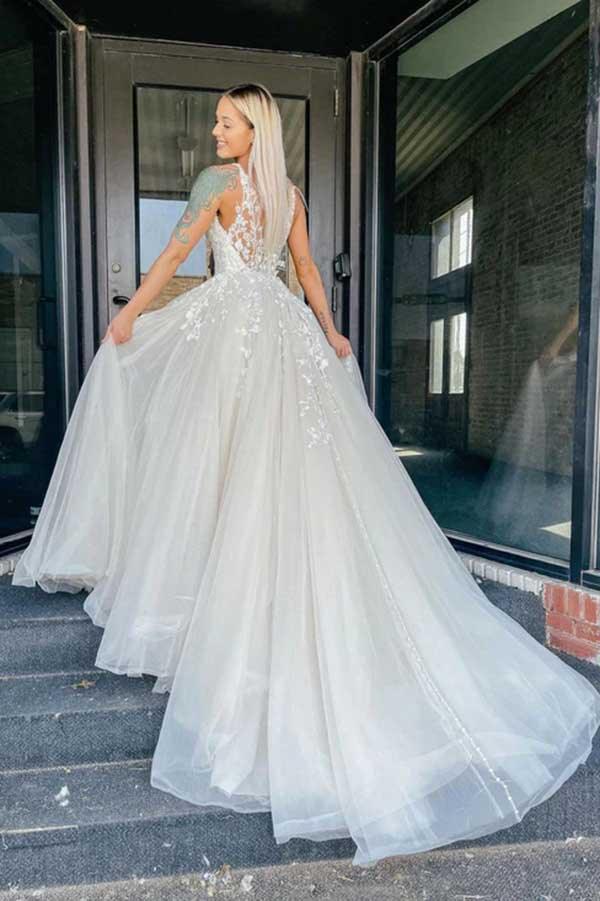 NumberSea Tulle Lace A-line V-neck Wedding Dresses With Appliques, Bridal Gown, MW736