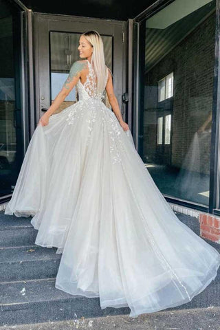 NumberSea Tüllspitze A-Linie V-Ausschnitt Brautkleider mit Applikationen, Brautkleid, MW736