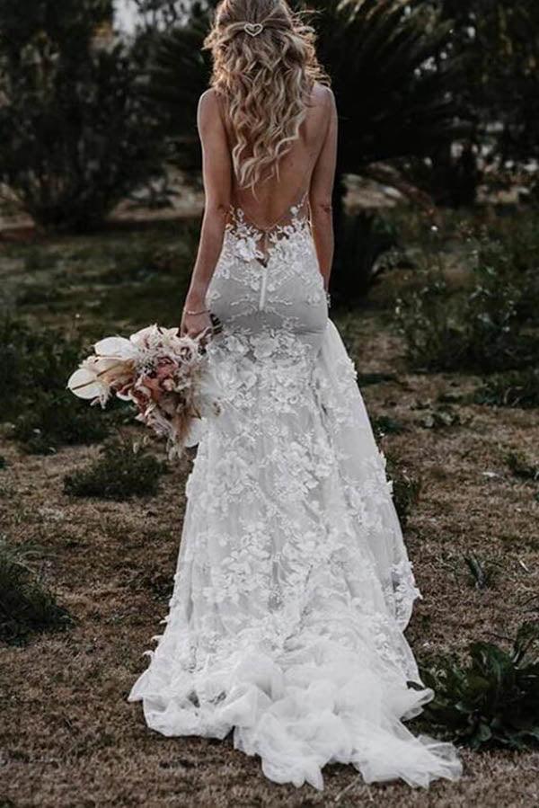 Robe de mariée sirène en tulle et dentelle NumberSea, décolleté en V, robe de mariée de plage, MW543