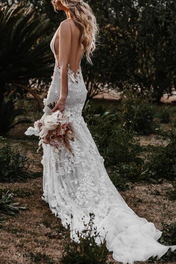 Robe de mariée sirène en tulle et dentelle NumberSea, décolleté en V, robe de mariée de plage, MW543