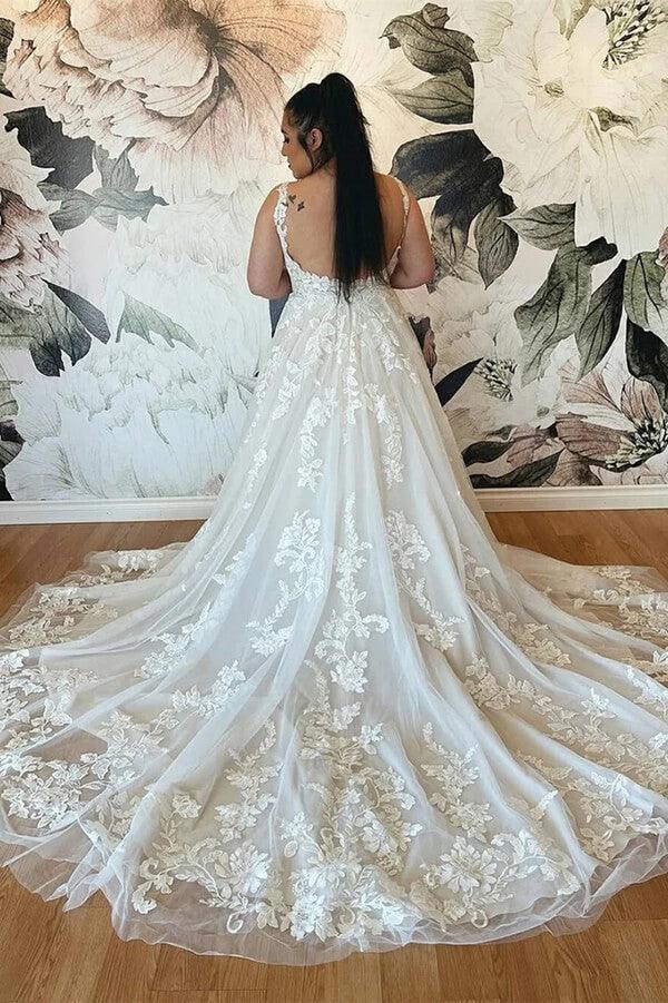 NumberSea Tulle Lace Plus Size A-line V-neck Backless Wedding Dresses, Bridal Gowns, MW752
