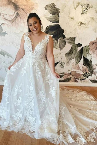 NumberSea Tüllspitze Übergröße A-Linie V-Ausschnitt rückenfreies Brautkleid, Brautkleider, MW752