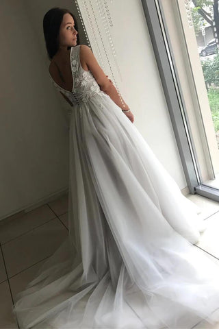 NumberSea Brautkleider mit Tüll-Spitzenoberteil, A-Linie, V-Ausschnitt, Applikationen, MW763