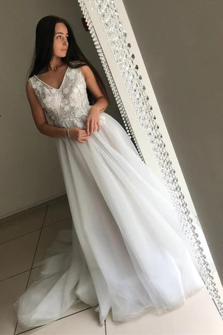 NumberSea Brautkleider mit Tüll-Spitzenoberteil, A-Linie, V-Ausschnitt, Applikationen, MW763