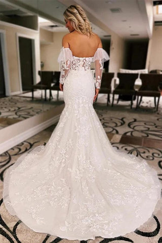 NumberSea Tüll Meerjungfrau Spitze Brautkleider mit Hofschleppe, Brautkleid, MW1011
