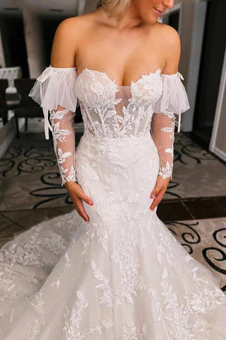 NumberSea Tüll Meerjungfrau Spitze Brautkleider mit Hofschleppe, Brautkleid, MW1011