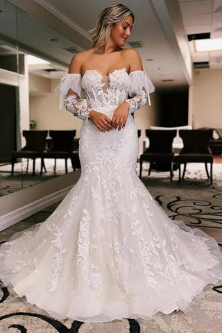NumberSea Tüll Meerjungfrau Spitze Brautkleider mit Hofschleppe, Brautkleid, MW1011