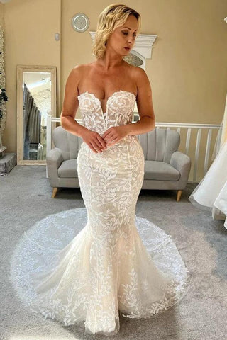 NumberSea Tüll Meerjungfrau trägerlos Sweetheart Spitze applizierte Brautkleider, MW1000