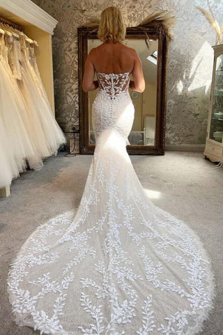 NumberSea Tüll Meerjungfrau trägerlos Sweetheart Spitze applizierte Brautkleider, MW1000