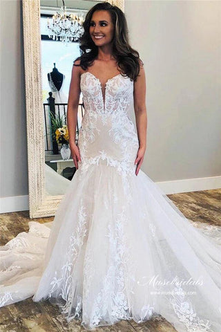 NumberSea Tüll Meerjungfrau trägerlos Sweetheart Spitzenapplikationen Brautkleider, MW995