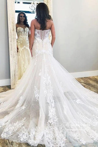 NumberSea Tüll Meerjungfrau trägerlos Sweetheart Spitzenapplikationen Brautkleider, MW995
