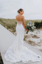 NumberSea Tulle Mermaid Sweetheart Long Sleeves Lace Appliques Wedding Dresses, MW1014