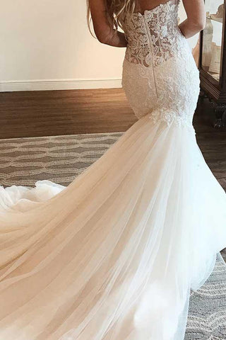 NumberSea Tüll Meerjungfrau Sweetheart Trägerloses Spitzen Brautkleid, Brautkleid, MW798