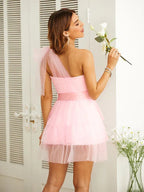 Tube-Top-Kleid Tüll-Gürtel Ein-Schulter Kurze/Mini-Kleider SYH50
