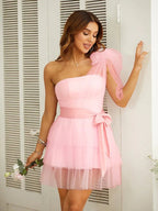 Tube-Top-Kleid Tüll-Gürtel Ein-Schulter Kurze/Mini-Kleider SYH50