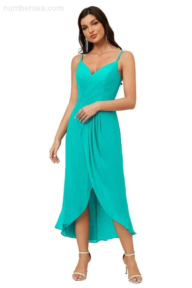 Vestido de Dama de Honor de Chifón Spaghetti con Escote en V y Abertura al Frente de Longitud Media para Fiesta Formal, Baile de Graduación y Regreso a Casa 2803