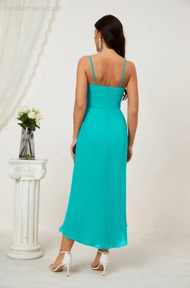 Vestido de Dama de Honor de Chifón Spaghetti con Escote en V y Abertura al Frente de Longitud Media para Fiesta Formal, Baile de Graduación y Regreso a Casa 2803