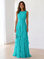 Sleeveless Tiered Chiffon Maxi Evening Gown with Ruched Bodice