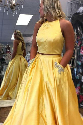 Two Piece Halter Neck Satin Long Prom Dress With Beading Pocket PSK374