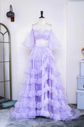 Abito da Sera in Due Pezzi con Spalle Scoperte, Balze e Spacco, Colore Lavanda, Modello PSK469