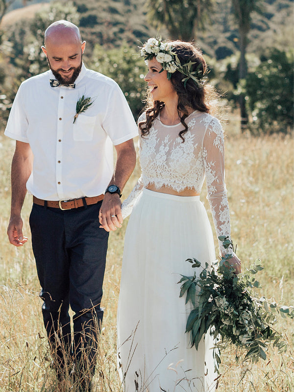 Abito da Sposa in Chiffon Avorio Due Pezzi Top in Pizzo Trasparente Manica Lunga, DB0177