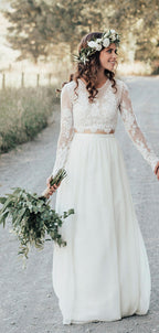 Robe de mariée en deux pièces, transparente, en dentelle, manches longues, en mousseline de soie ivoire, DB0177