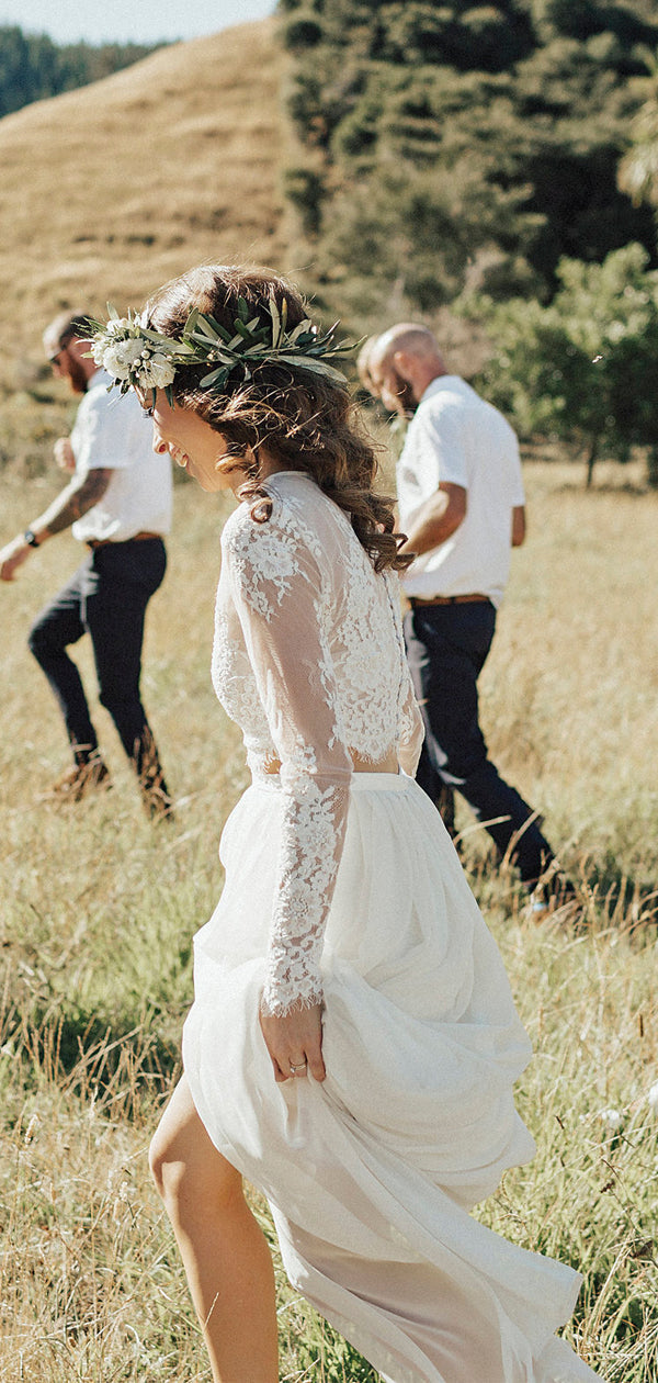 Abito da Sposa in Chiffon Avorio Due Pezzi Top in Pizzo Trasparente Manica Lunga, DB0177