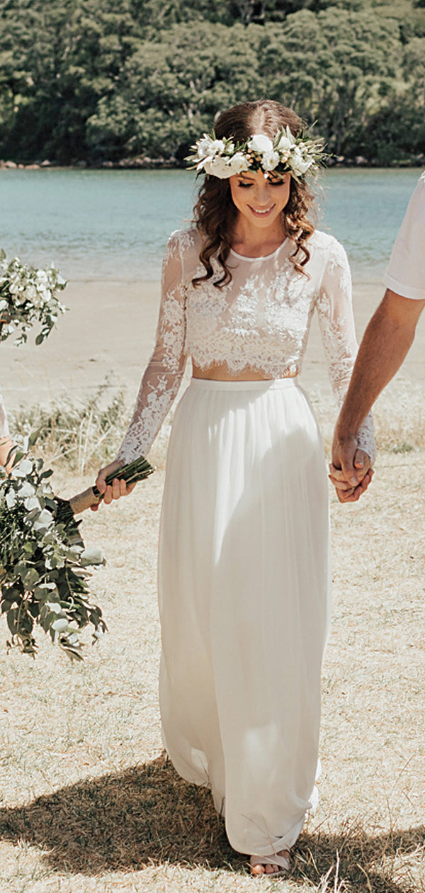 Abito da Sposa in Chiffon Avorio Due Pezzi Top in Pizzo Trasparente Manica Lunga, DB0177