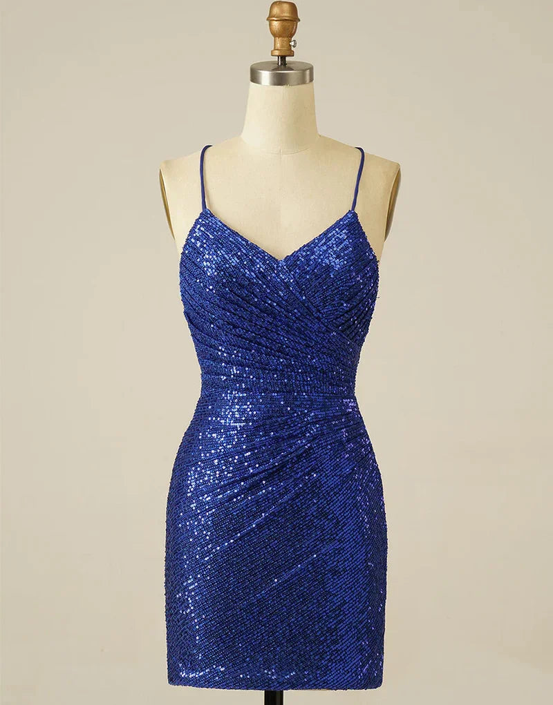 Sukienka na bal powitalny Royal Blue Sheath z aplikacjami cekinowymi i sznurowaniem Y2844