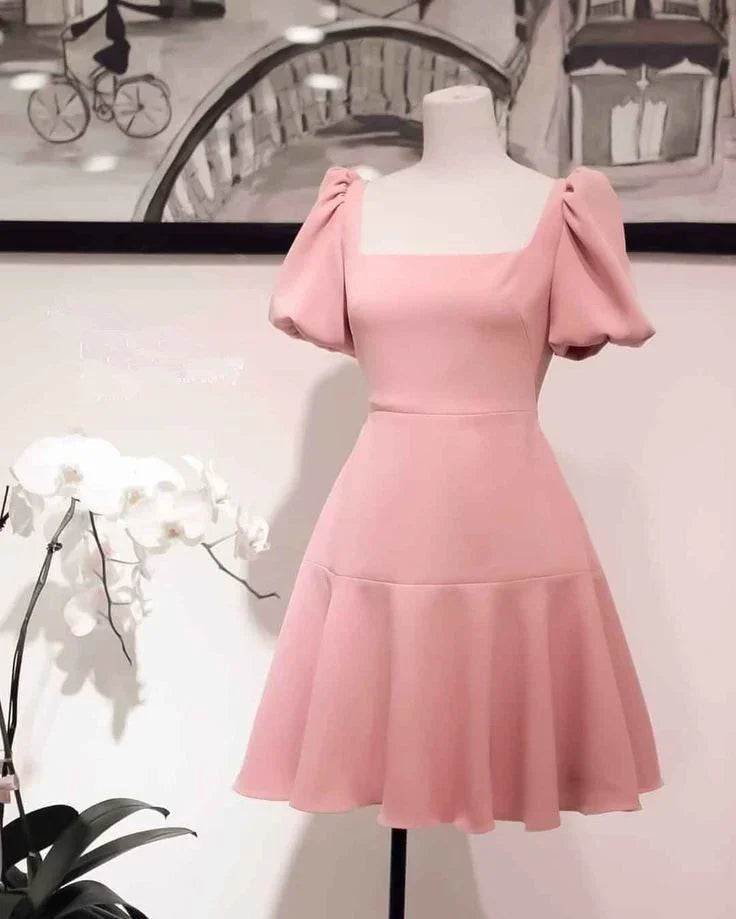 Retro Pink Square Neckline A-Line Homecoming-Kleid Y2887