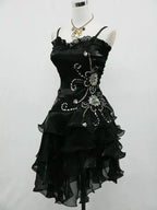 Reizvolles schwarzes Chiffon-Cocktailkleid mit Perlenbesatz für den Homecoming-Abend Y7729