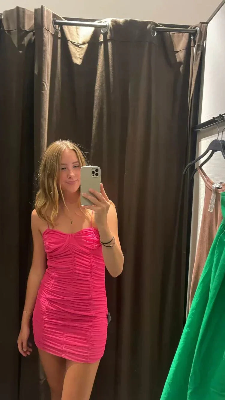 Träger Knallrosa Homecoming-Kleid Knallrosa Kleid Y2272