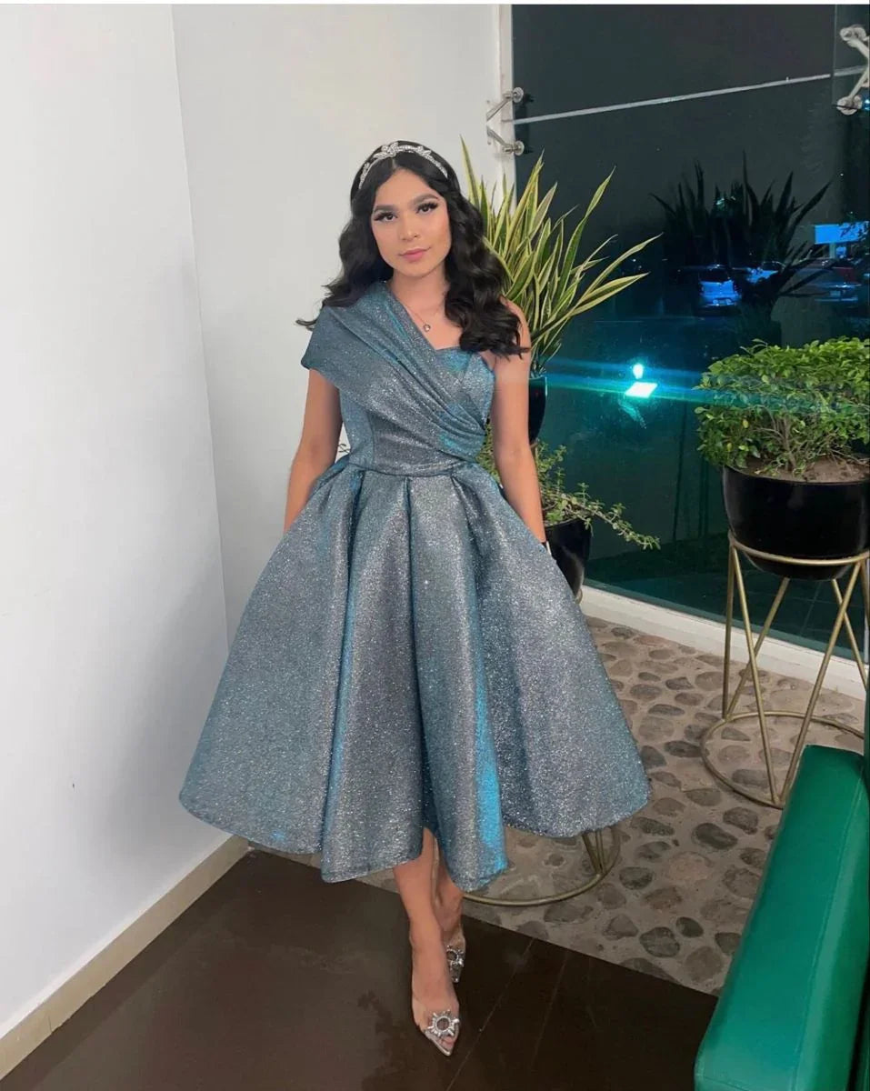 Glänzend Blau Ein Schulter Midilänge Abendkleid Y4970