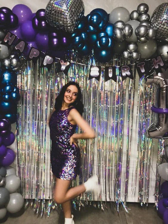 Vestido sin Mangas Morado para Fiesta de Cumpleaños Mini Vestido para Baile de Bienvenida Y5874