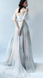 NumberSea Einzigartiges graublaues Chiffon-Brautkleid mit schulterfreiem Schnitt, Brautkleid, MW592