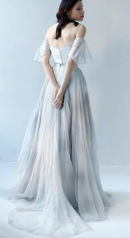 NumberSea Einzigartiges graublaues Chiffon-Brautkleid mit schulterfreiem Schnitt, Brautkleid, MW592
